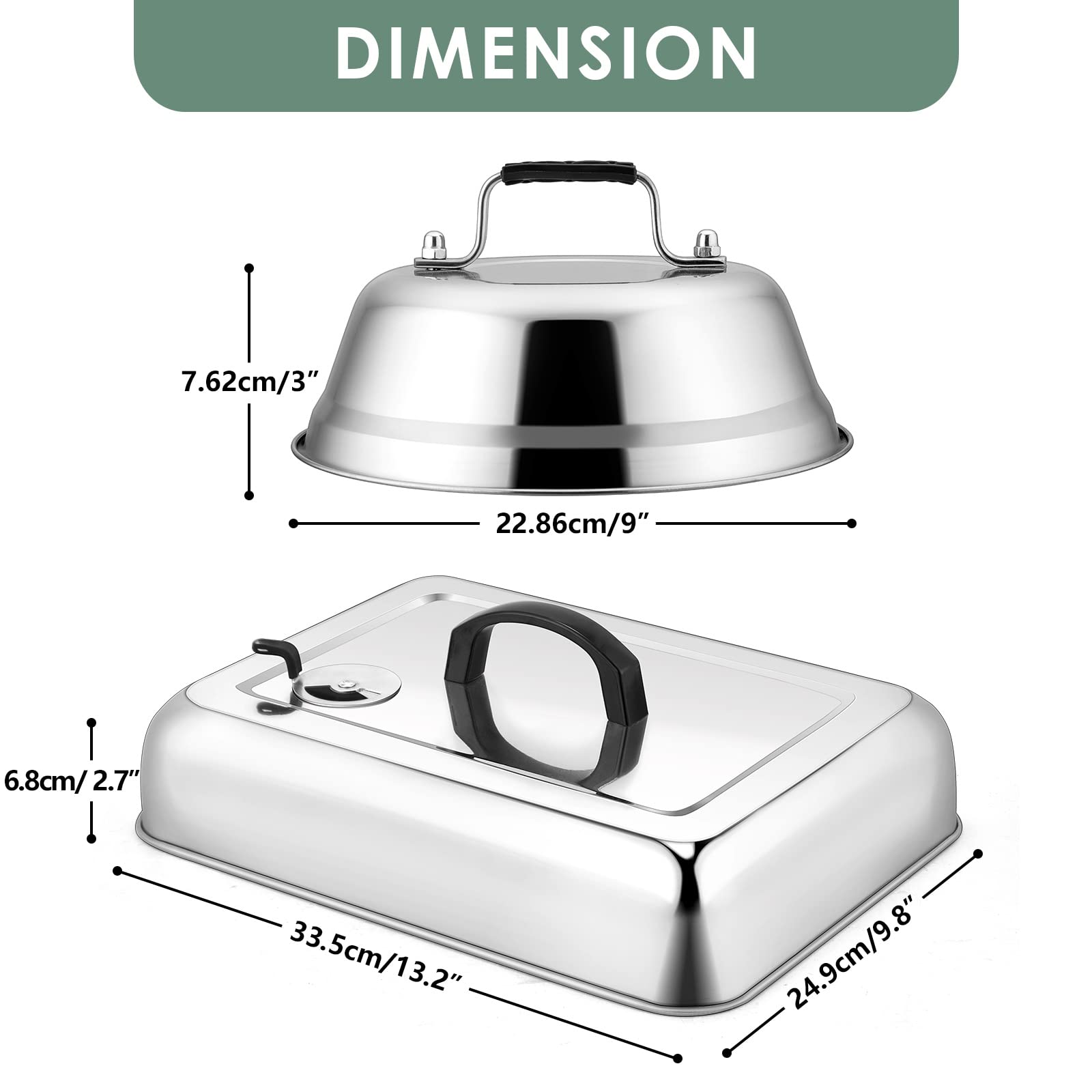 2Pcs Melting Dome For Griddle, Leonyo 13'' Rectangle Basting Cover With Adjustable Vent, Stainless Steel 9'' Round Burger Dome L